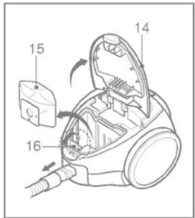 Technical diagram of a vacuum cleaner with numbered parts and internal components