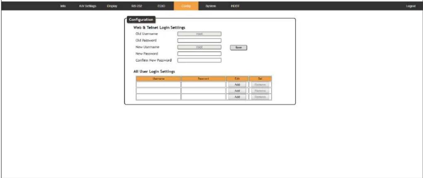 Info A/V Settings Display RS-232 EDITION Coding System HDBT Logout Configuration Web & Telnet Login Settings Old Username root Old Password New Username root Save New Password Confirm New Password All User Login Settings Username Password Edit Sel Add Instances Add Instances Add Instances
