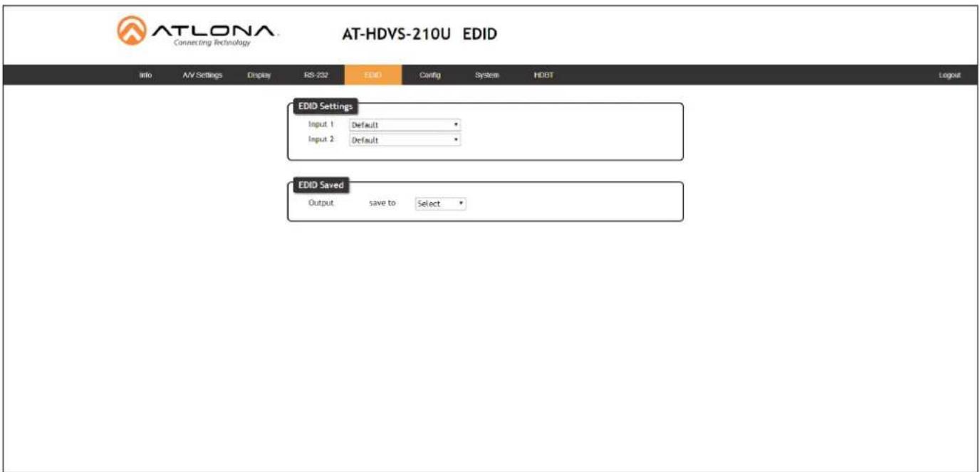 AT-LONA Connecting Technology AT-HDVS-210U EDID Info A/V Settings Display RS-202 EMD Config System HDBT Logout EDID Settings Input 1 Default Input 2 Default EDID Saved Output save to Select