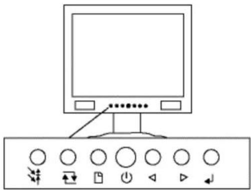 Diagram of a computer monitor with control buttons and navigation icons, showing a pointer at the top.