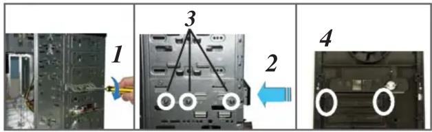 Diagram showing four steps of a device's internal structure with labeled components and directional arrows indicating movement.