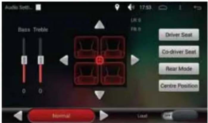 Audio Setti... Bass Treble LR 0 FR 0 Driver Seat Co-driver Seat Rear Mode Centre Position Normal Load