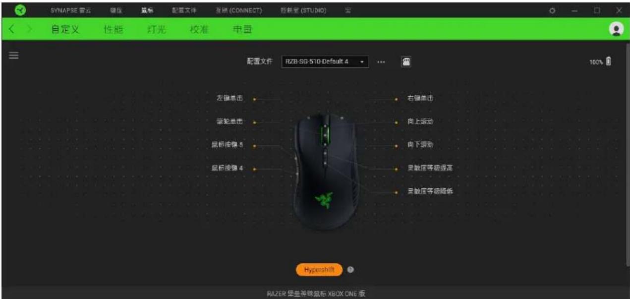 SYNAPSE 置云 键盘 鼠标 配置文件 互锁 (CONNECT) 控制室 (STUDIO) 自定义 性能 灯光 校准 电量 配置文件 RZB-SG-510 Default 4 左键单击 深轮单击 鼠标按键 5 鼠标按键 4 右键单击 向上滚动 向下滚动 灵敏度等级滑定 灵敏度等级降低 Hypershift RAZER 建生神铁鼠标 XBOX ONE 版