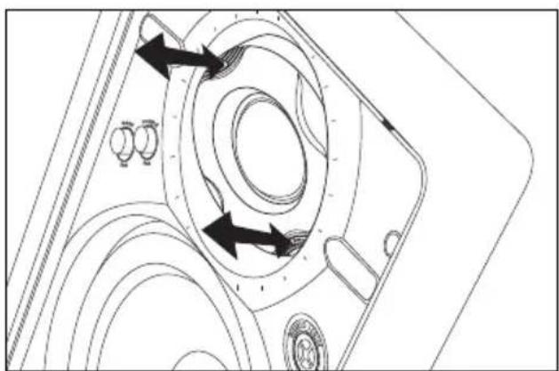 Technical line drawing of a mechanical component with circular features and directional arrows (no text or symbols)