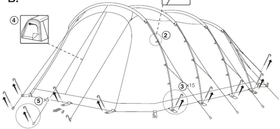 Technical diagram of a tent structure with numbered components and directional arrows indicating assembly or movement.
