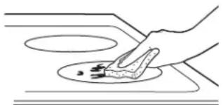 Simple line drawing of a hand using a tool to clean or store food on a plate (no text or symbols)