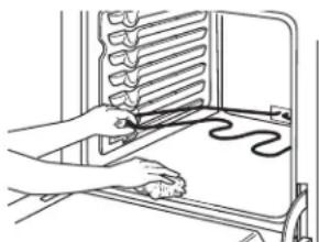 Line drawing of a hand using a tool to clean or prepare food items on a tray (no text or symbols)