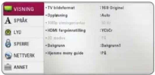 VISNING • TV bilsdeformat : 169 Original • Opplessning : Auto • 1083p vissingsmodius 50 Hz • HDMI fargeinnatilling : YCbCr • 3D mode: P& SPRÅK LYD SPERRE NETTVERK • Bakgrunn : Bakgrunn1 • Hjemme meny guide : P& ANNET