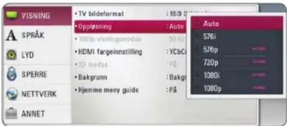 VISNING • TV bildeformat : 163.0 • Opplesning : Auto • 1080p vieningsmodus 50 Hz • HDMI fargeinstilling : YCbC • 3D nodes 7P • Bakgrunn : Bakgr • Hjemme merry guide : På Auto 576i 576p 720p 1080i 1080p SPRAK LYD SPERRE NETTVERK ANNET