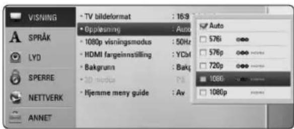 VISNING • TV bildeformat : 16:9 • Opplesning : Auto • 1080p visningsmodus : 50Hz • HDMI fargeinnstilling : YCbI • Bakgrunn : Bakj • 3D modus : P8 • Hjemme mesy guide : Av ANNET Auto 576i 576p 720p 1080 1080p