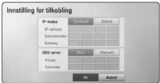 Innstilling for tilkobling IP-modus Dynemark Statisk IP-adresie Subnettnaske Gateway DNS-server App Manuell Primer Selbørdar OK Asbryt
