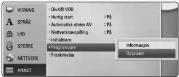 VISNING - DivX® VOD - Hurtig start : På - Automatisk stræm AV : På - Nettverksavspilling : På - Initialisere SPERRE - Programware NETTVERK - Fraskrivelse ANNET Informasjon Oppdater
