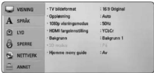 VISNING • TV bildeformat : 16-3 Original • Opplesning : Auto • 1080p visningsmodus : 50Hz • HDMI fargeinnstilling : YCbCr • Bakgrunn : Bakgrunn 1 • 20 modulus : PS • Hjemme menu guide : Av