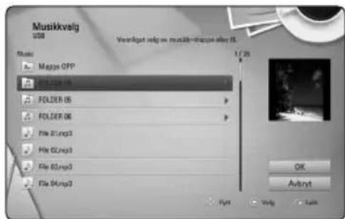 Musikkvalg USB Vorriget velg om musikk-traspas eller FL Music Mapge OPP FOLDER 01 FOLDER 05 FOLDER 06 File B1.mp3 File B2.mp3 File B3.mp3 File B4.mp3 1 / 25 OK AvInvt