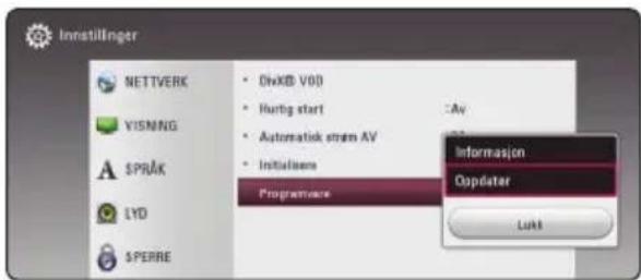 Innstillinger NETTVERK VISNING SPRAK LYD SPERRE DivKB V00 Hurtig start Automatisk system AV Initialsens Programware Informasjon Opdater Link
