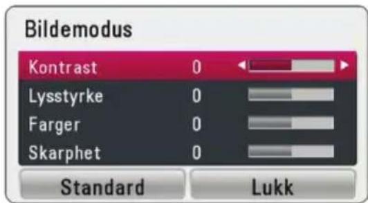 Bildemodus Kontrast 0 Lysstyrke 0 Farger 0 Skarphet 0 Standard Lukk