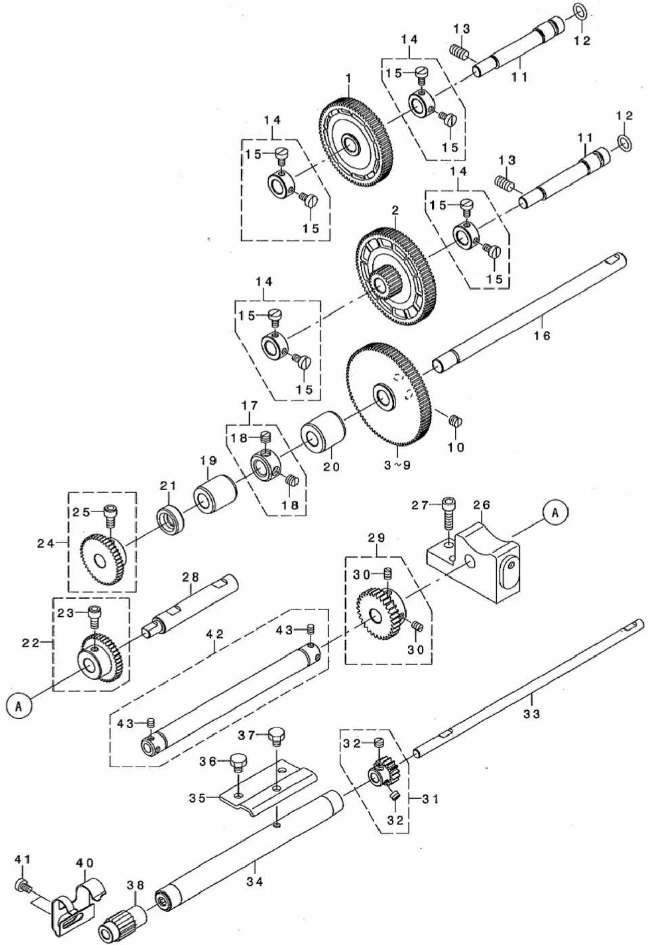 Exploded view diagram of a mechanical assembly with numbered components and labeled parts