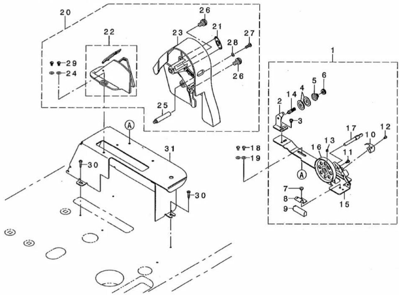 Technical diagram of a sewing machine with numbered parts and exploded view, showing internal components and assembly details.