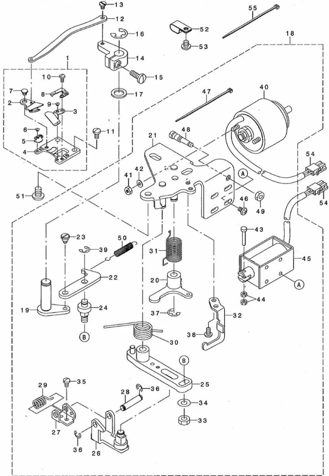 Exploded view diagram of a mechanical assembly with numbered components and labeled parts