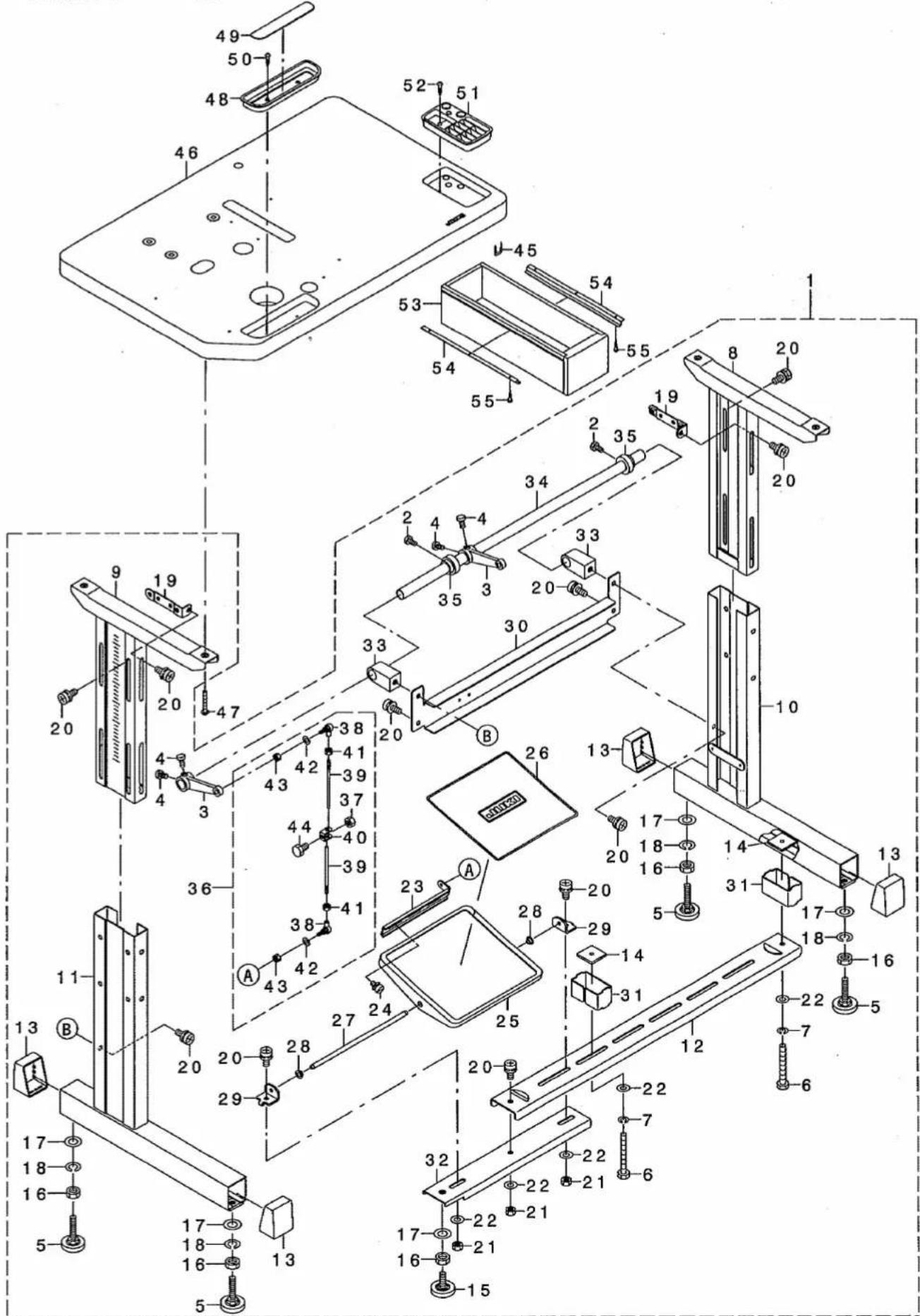Exploded view diagram of a mechanical assembly with numbered components and labeled parts