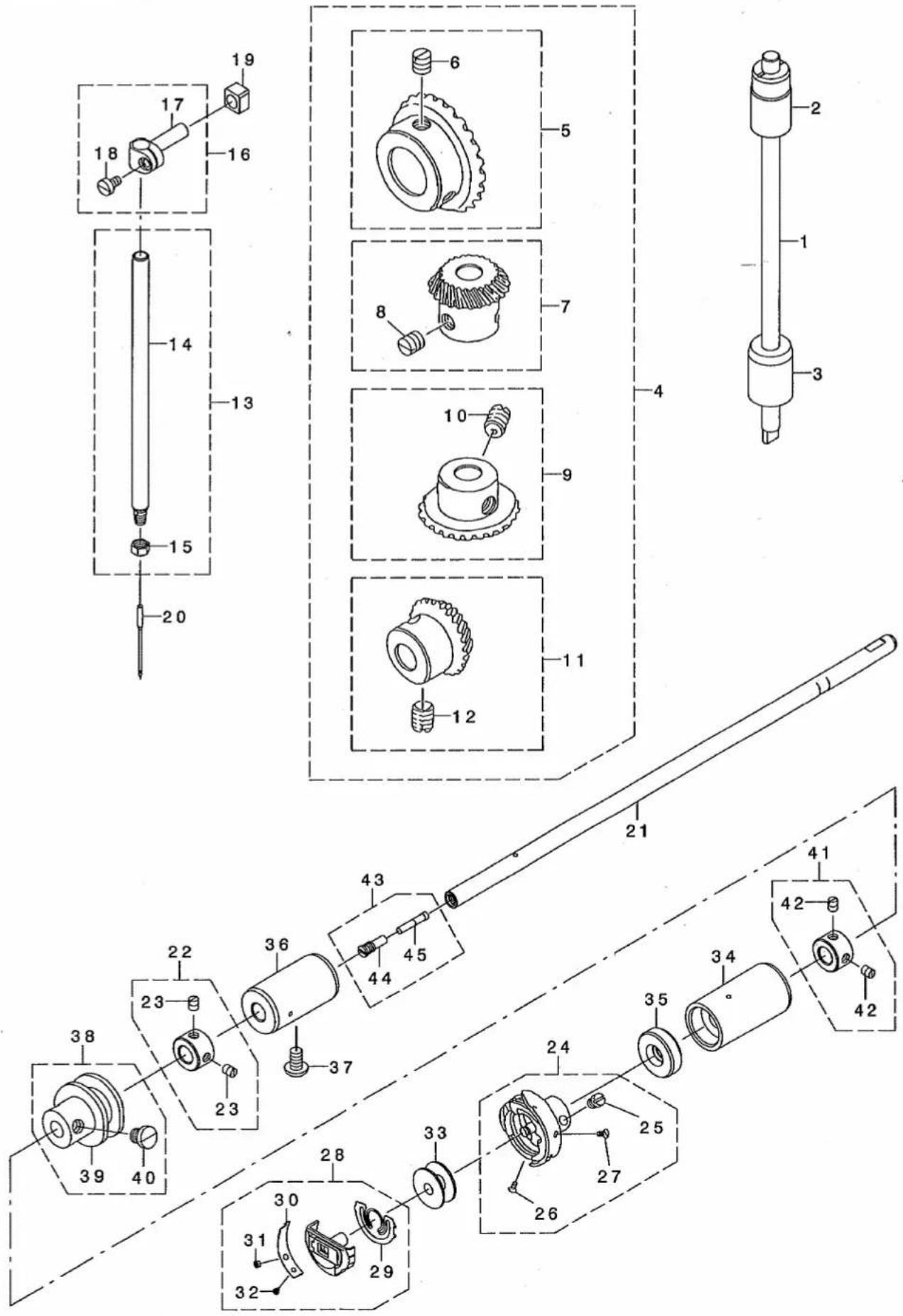 Technical diagram of a mechanical assembly with numbered components and exploded views
