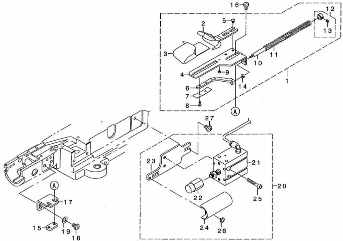 Technical diagram of a mechanical assembly with numbered components and labeled parts