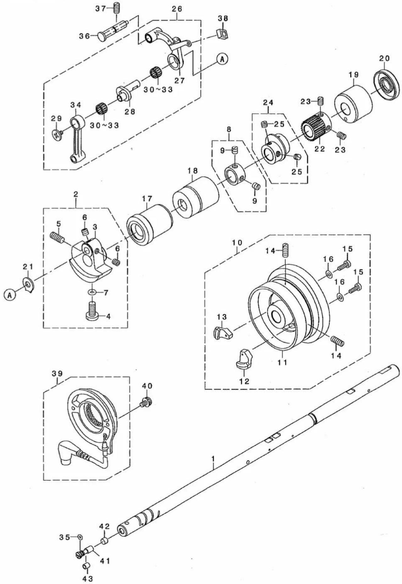 Exploded view diagram of a mechanical assembly with numbered parts and exploded views