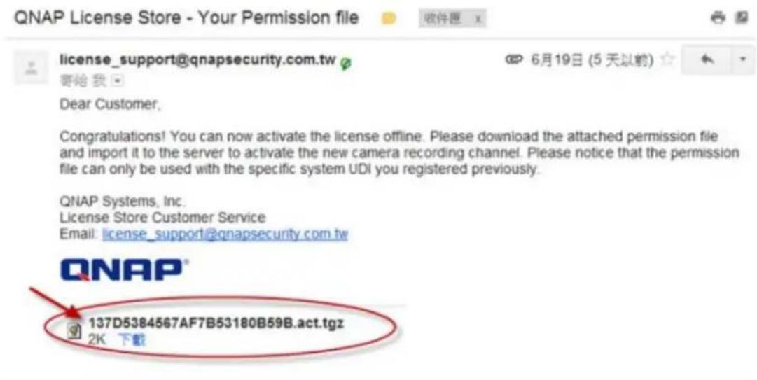 QNAP License Store - Your Permission file license_support@qnapsecurity.com.tw 寄给我 Dear Customer. Congratulations! You can now activate the license offline. Please download the attached permission file and import it to the server to activate the new camera recording channel. Please notice that the permission file can only be used with the specific system UDI you registered previously. QNAP Systems, Inc. License Store Customer Service Email: license_support@qnapsecurity.com.tw QNAP® 137D5384567AF7B53180B59B.act.tgz 2K 下载