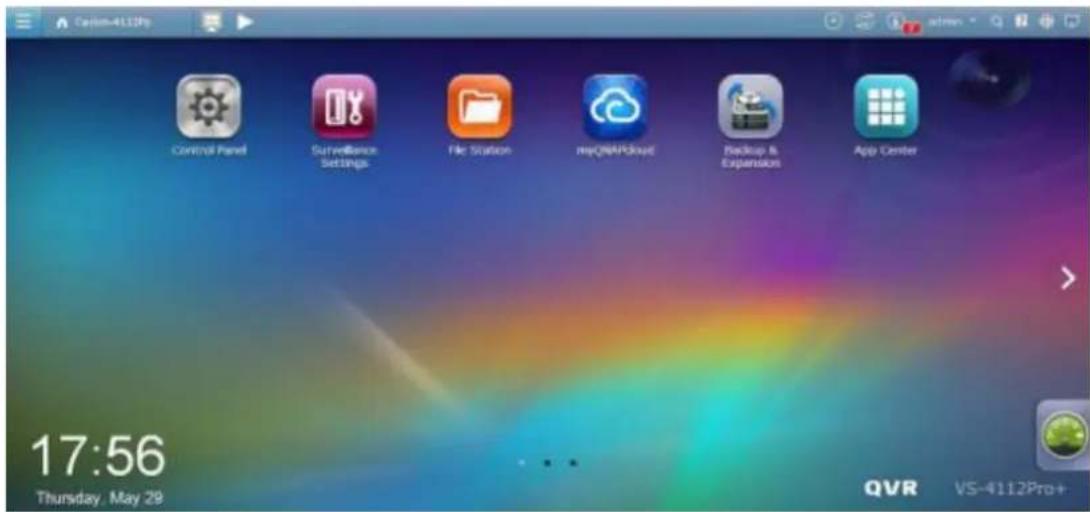 Custom4112Pro Control Panel Surveillance Settings File Station myQMAPCloud Backup & Expansion App Center 17:56 Thursday, May 29 QVR VS-4112Pro+