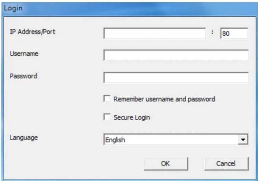 Login IP Address/Port : 80 Username Password Remember username and password Secure Login Language English OK Cancel