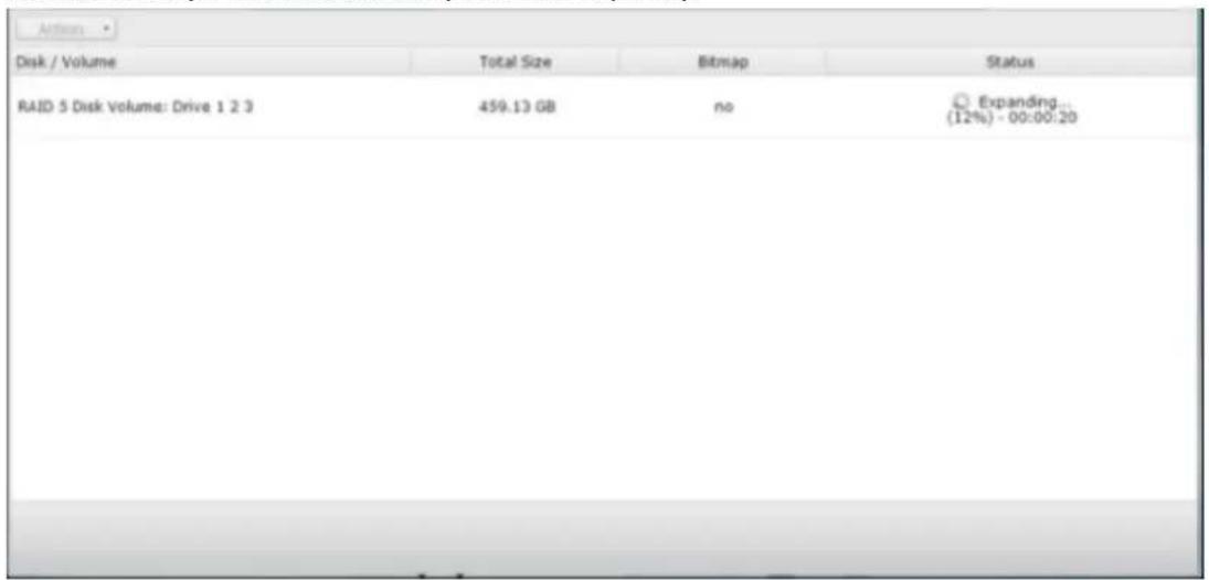 Disk / Volume Total Size Bitmap Status RAID 5 Disk Volume: Drive 1 2 3 459.13 GB no Expanding... (12%) - 00:00:20