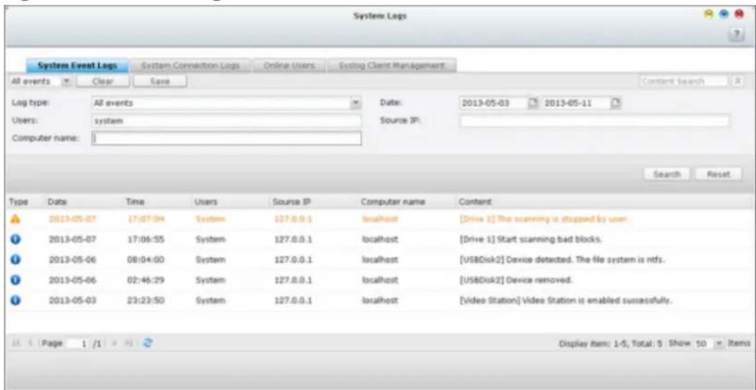 System Logs System Event Logs System Connection Logs Online Users Edaylog Client Management All events Clear Save Log type: All events Data: 2013-05-03 2013-05-11 Users: systemITO: Computer name: Date Time Users三人源IP Customer name Centnt. 2013-05-07 17:07:04 System 127.0.0.1NBC localhost [Drive 1] The scanning is stopped by user. 2013-05-07 17:06:55 System 127.0.0.1NBC localhost [Drive 1] Start scanning bad blocks. 2013-05-06 08:04:00 System 127.0.0.1NBC localhost [USBOisk2] Device detected. The file system is ntfs. 2013-05-06 02:46:29 System 127.0.0.1NBC localhost [USBOisk2] Device removed. 2013-05-03 23:23:50 System 127.0.0.1NBC localhost [video Station] Video Station is enabled successfully. Search Reset Display item: 1-5, Total: 5 | Show 50 Items
