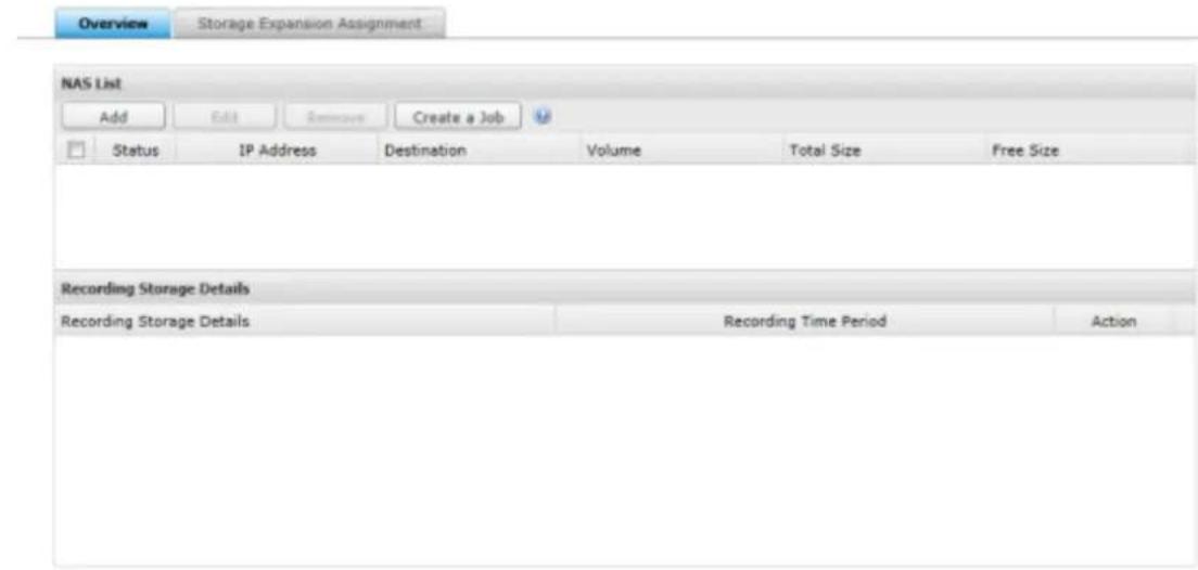 Overview Storage Expansion Assignment NAS List Add Edit Remove Create a Job Status IP Address Destination Volume Total Size Free Size Recording Storage Details Recording Storage Details Recording Time Period Action