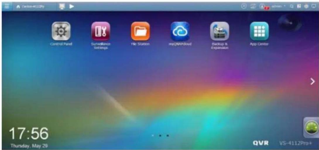 Control Panel Surveillance Settings File Station myQNAPCloud Backup & Expansion App Center 17:56 Thursday, May 29 QVR VS-4112Pro+