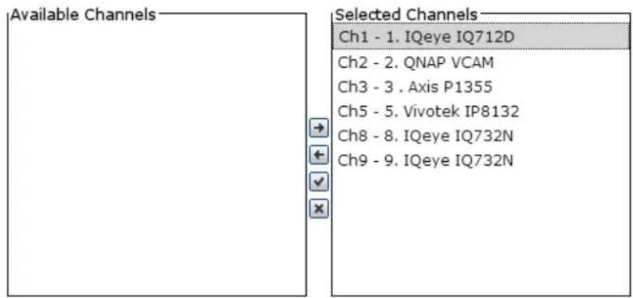 Available Channels Selected Channels Ch1 - 1. IQeye IQ712D Ch2 - 2. QNAP VCAM Ch3 - 3 . Axis P1355 Ch5 - 5. Vivotek IP8132 Ch8 - 8. IQeye IQ732N Ch9 - 9. IQeye IQ732N