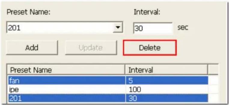 Preset Name: Interval: 201 30 sec Add Update Delete Preset Name Interval fan 5 ipe 100 201 30