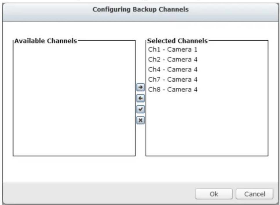 Configuring Backup Channels Available Channels Selected Channels Ch1 - Camera 1 Ch2 - Camera 4 Ch4 - Camera 4 Ch7 - Camera 4 Ch8 - Camera 4 Ok Cancel