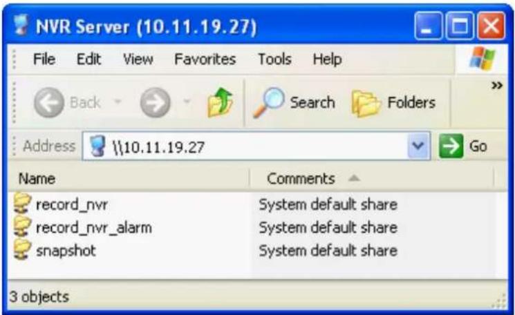 NVR Server (10.11.19.27) File Edit View Favorites Tools Help Back Search Folders Address \\10.11.19.27 Go Name Comments record_nvr System default share record_nvr_alarm System default share snapshot System default share 3 objects