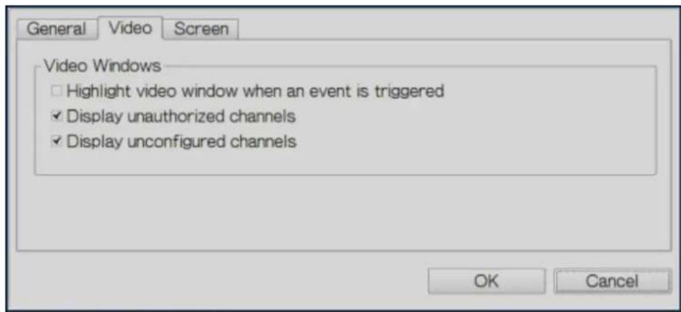 General Video Screen Video Windows Highlight video window when an event is triggered Display unauthorized channels Display unconfigured channels OK Cancel