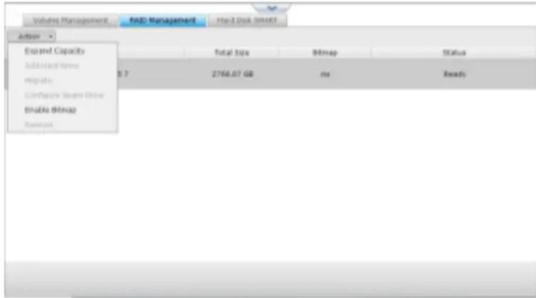 Volumes Management PAD Management Hard Disk SMART Action Excel and Capacity Add: Large Value Multiply Configure Store Drive Enable Bitmap Resource Total Size Bitmap Status 5.7 2764.07 GB ms Ready