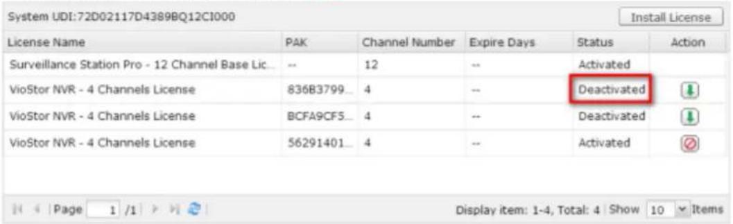 System UDI:72D02117D4389BQ12CI000 Install License License Name PAK Channel Number Expire Days Status Action Surveillance Station Pro - 12 Channel Base Lic... -- 12 -- Activated VioStor NVR - 4 Channels License 836B3799... 4 -- Deactivated VioStor NVR - 4 Channels License BCFA9CF5... 4 -- Deactivated VioStor NVR - 4 Channels License 56291401... 4 -- Activated Display item: 1-4, Total: 4 | Show 10 ▼ Items