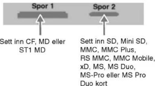 Spor 1 Sett inn CF, MD eller ST1 MD Spor 2 Sett inn SD, Mini SD, MMC, MMC Plus, RS MMC, MMC Mobile, xD, MS, MS Duo, MS-Pro eller MS Pro Duo kort