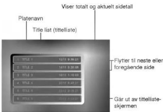 Platenavn Title list (tittelliste) Viser totalt og aktuelt sidetall 1 TITLE 1 12/11 0:30:21 2 TITLE 2 14/11 0:30:68 3 TITLE 3 18/11 1:10:03 4 TITLE 4 20/11 0:47:21 5 TITLE 5 22/11 0:58:21 6 TITLE 6 24/11 1:18:21 Flytter til neste eller foregående side Går ut av tittelliste-skjermen