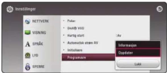 Instilinger NETTVERK VISNING SPRAK LYD SPERRE Poker DivX® VGO Hartig start Automatisk strøm AV Initialsere Programware Informasjon Dopdater Likk