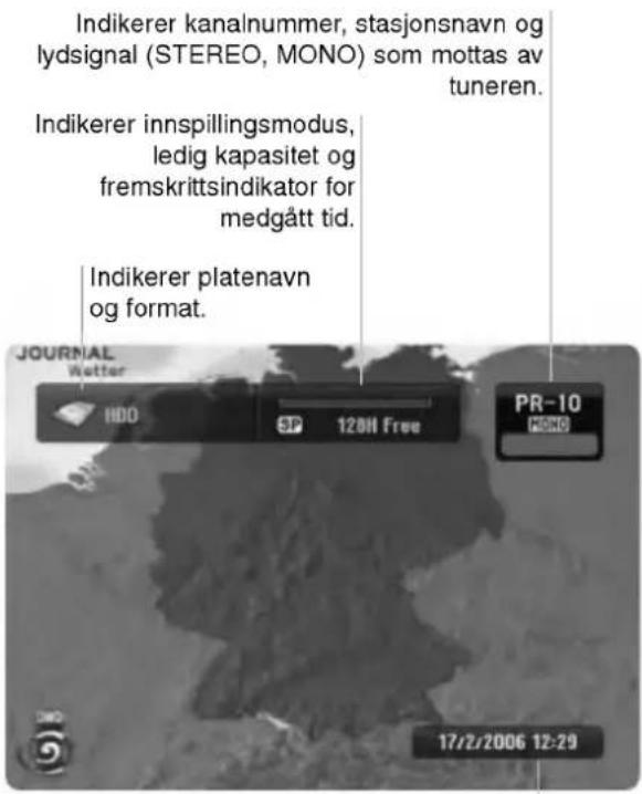 Indikerer kanalnummer, stasjonsnavn og lydsignal (STEREO, MONO) som mottas av tuneren. Indikerer innspillingsmodus, ledig kapasitet og fremskrittsindikator for medgått tid. Indikerer platenavn og format. JOURNAL Wetter HDD SP 120H Free PR-10 MONO 17/2/2006 12:29