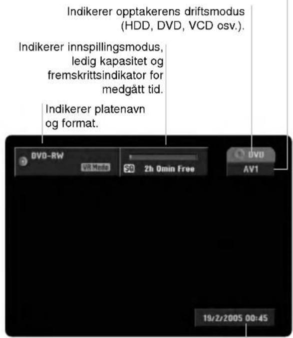 Indikerer opptakerens driftsmodus (HDD, DVD, VCD osv.). Indikerer innspillingsmodus, ledig kapasitet og fremskrittsindikator for medgått tid. Indikerer platenavn og format. DVD-RW VR Media S0 2h Omin Free DVU AV1 19/2/2005 00:45