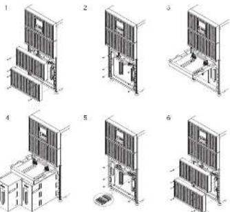 Six-step architectural or structural diagram showing building layouts and structural elements with numbered labels.