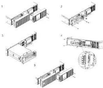 Technical diagram showing five sequential views of a modular building structure with labeled components and an inset detail view.