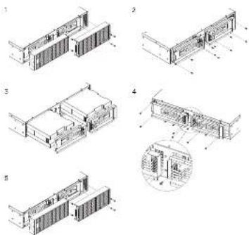 Technical diagram showing five sequential views of a building facade with labeled components and an inset detail view.
