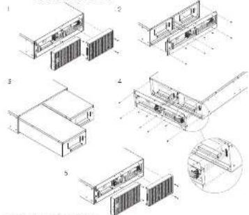 Technical diagram showing five sequential stages of a container or storage unit with labeled components and an inset detail view.